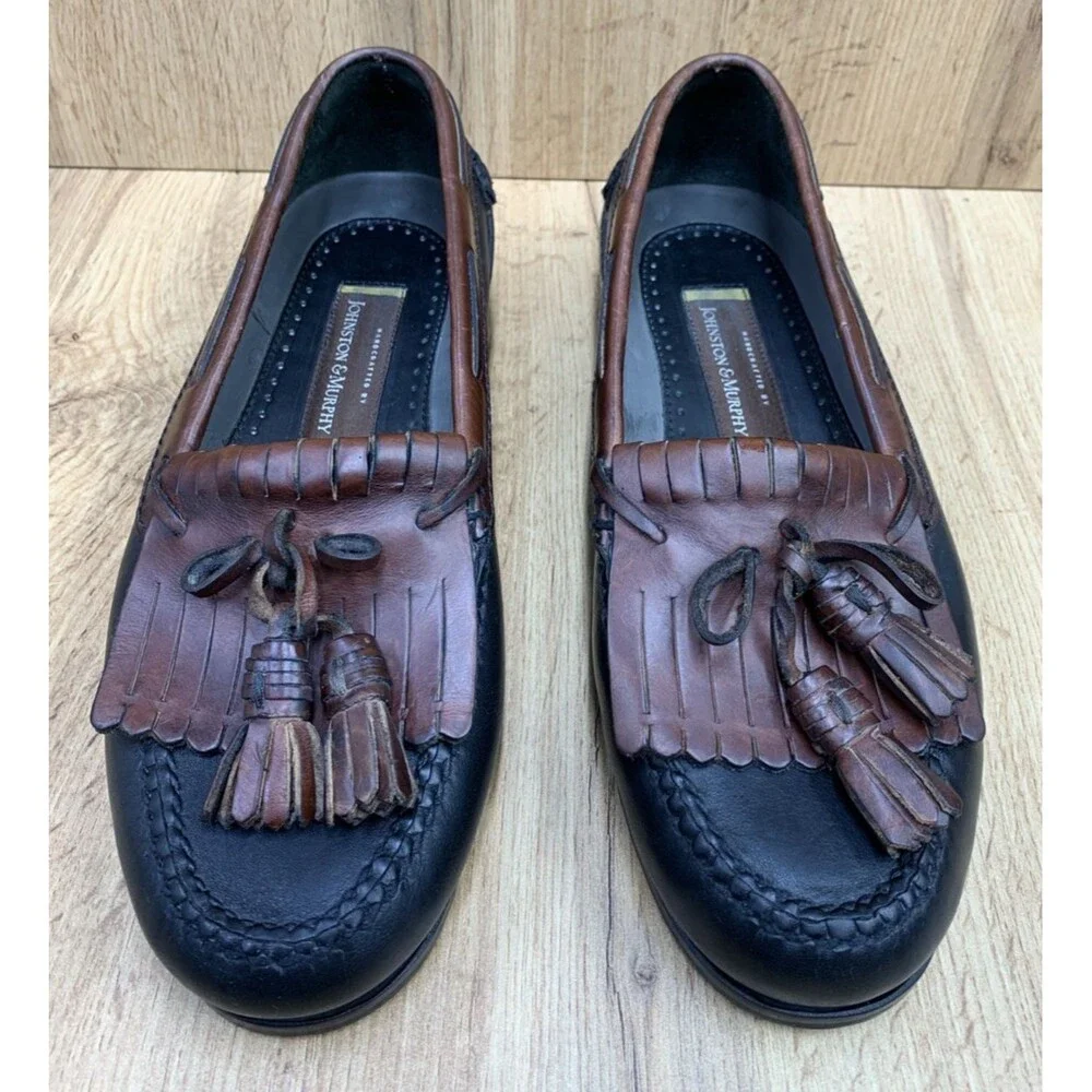 Johnston & Murphy Men’s Boat Deck Kiltie Tassel Loafers Black Brown Leather 10 M